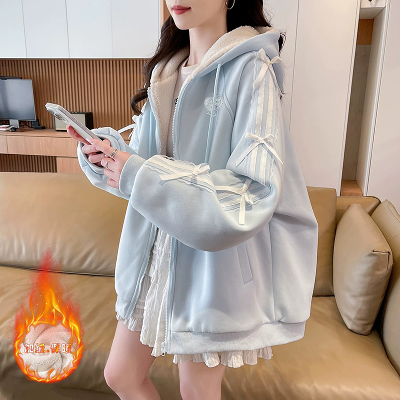 加绒加厚甜美学院风蕾丝爱心蝴蝶结连帽外套新款宽松学生时尚棉衣