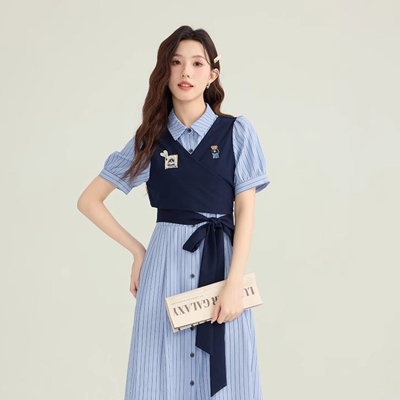 少女学院风条纹衬衫连衣裙夏季法式小个子教资面试假两件显瘦裙子