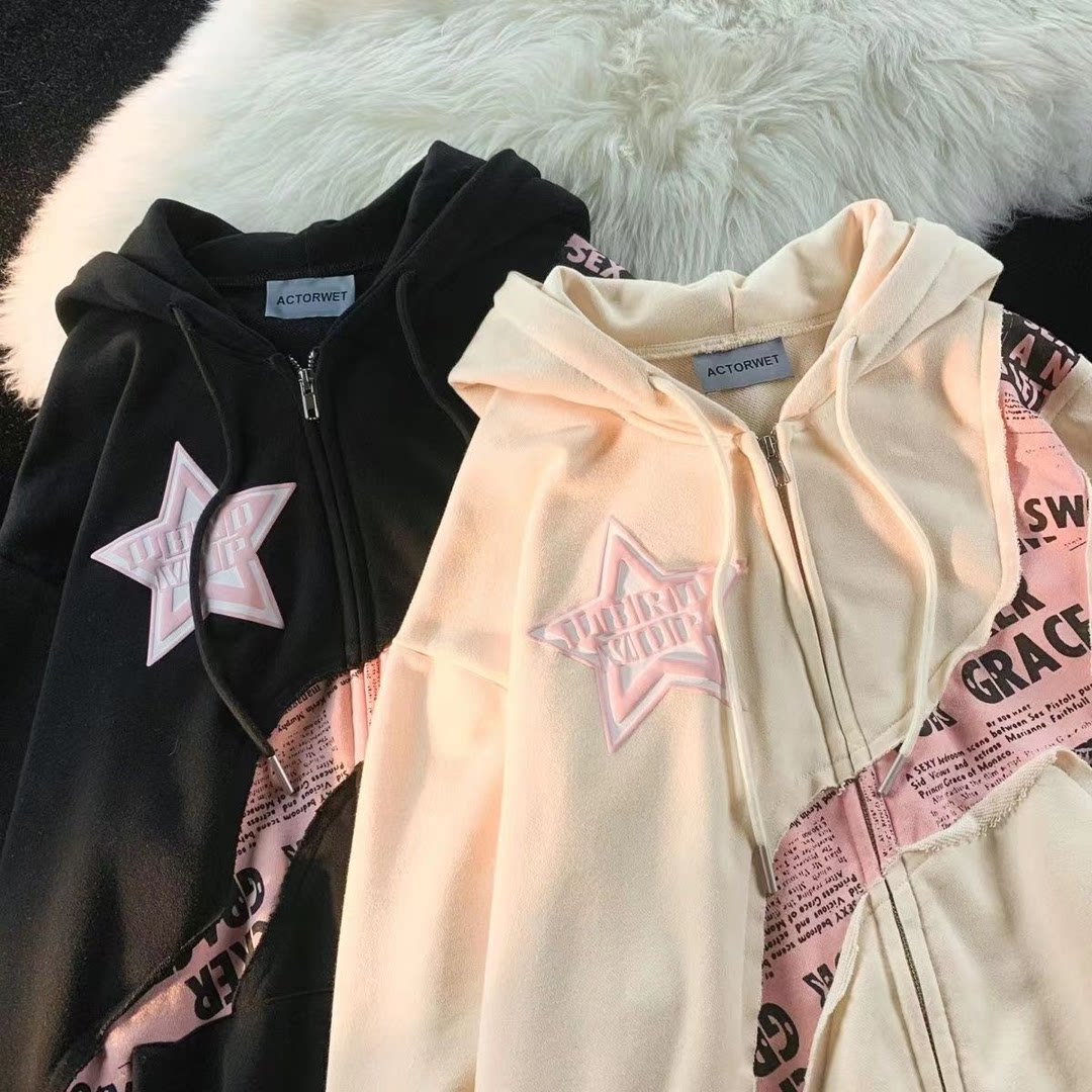 美式炸街设计感星星字母印花拼接ol开衫卫衣女潮牌甜酷风宽松外套