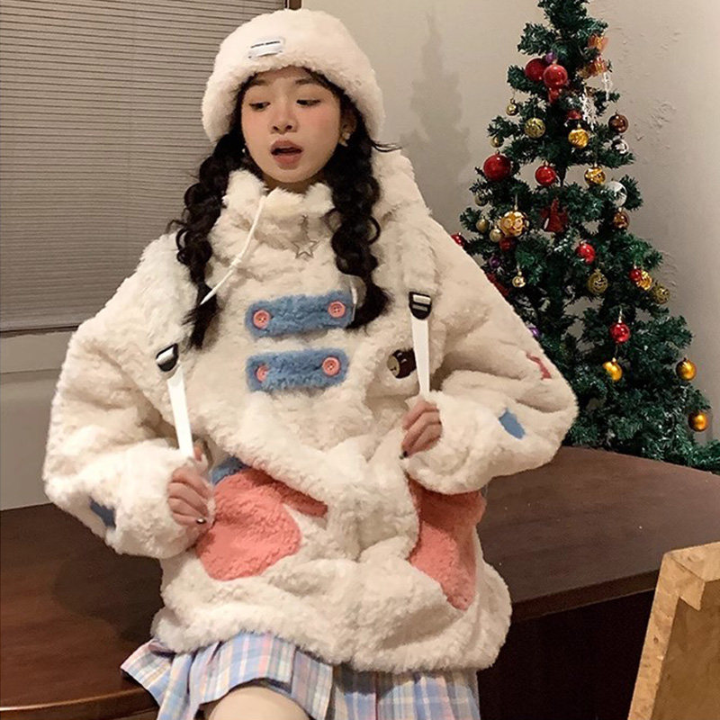 可爱少女加厚棉服女2026新款冬季宽松百搭双面穿加厚连帽外套潮