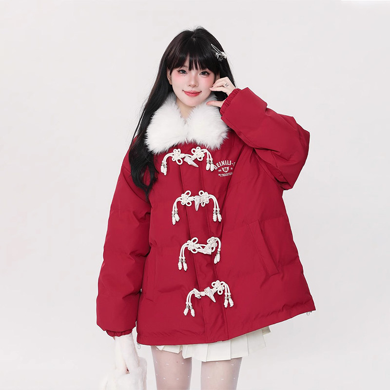 牛角扣加厚棉服女冬季学生韩系刺绣棉袄可爱安可拉红棉衣冬装外套