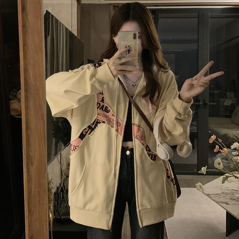 美式复古刺绣连帽卫衣外套女春秋新款宽松慵懒风拉链开衫上衣