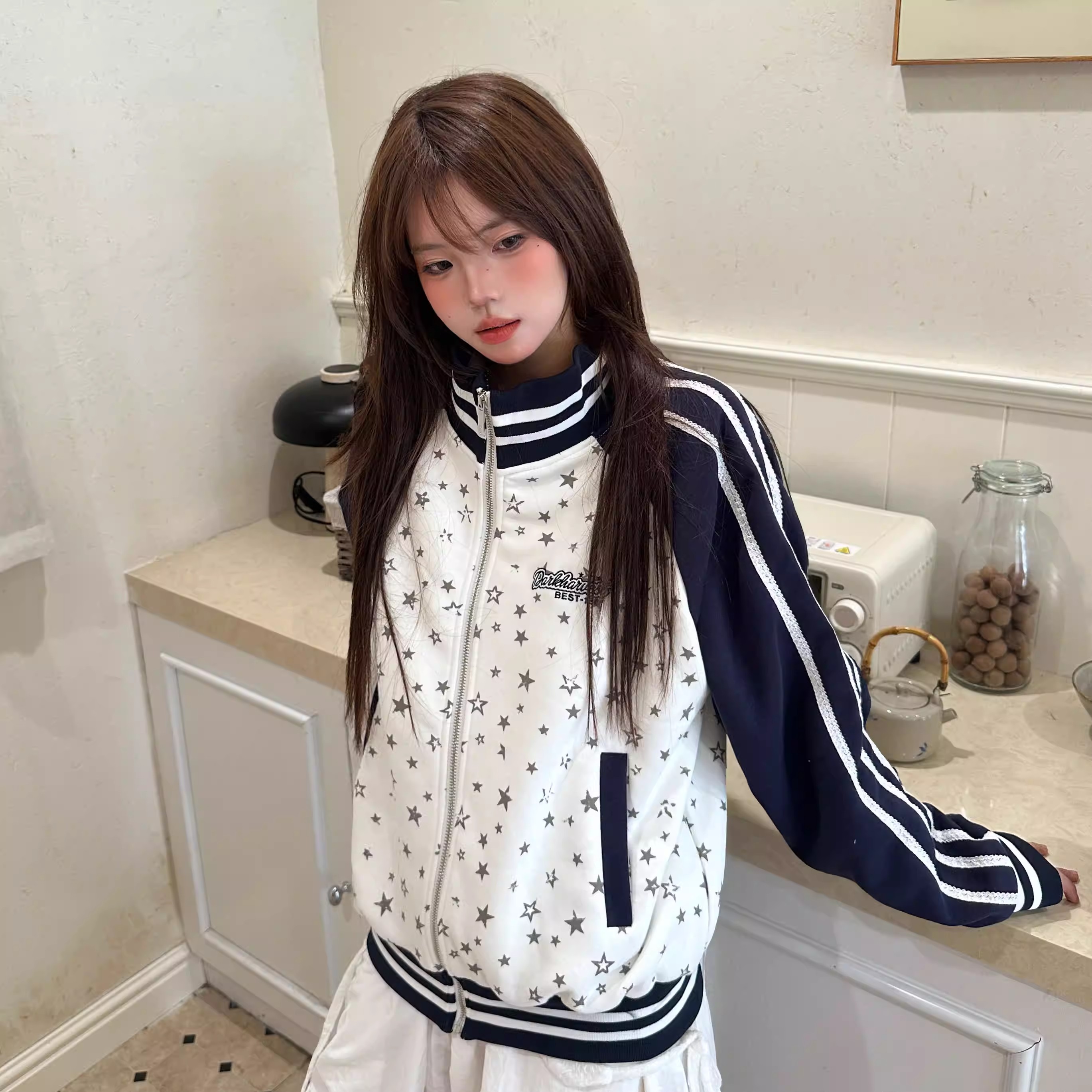 美式复古星星拼接开衫卫衣女学院风春秋宽松休闲拼接立领外套上衣
