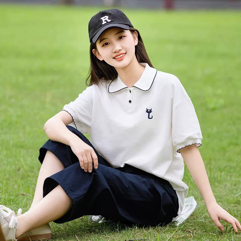 初中学生短袖T恤少女夏季POLO衫高中生夏装可爱猫咪刺绣运动套装