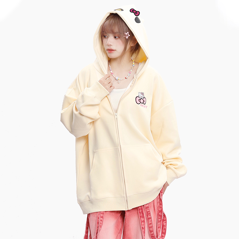 原创可爱卡通凯蒂猫开衫拉链百搭连帽卫衣女秋外套时尚宽松慵懒风