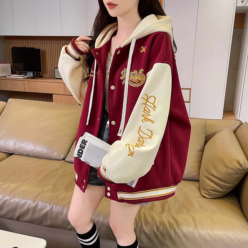 美式撞色刺绣连帽棒球服外套女春秋季宽松洋气初高中生高级感上衣