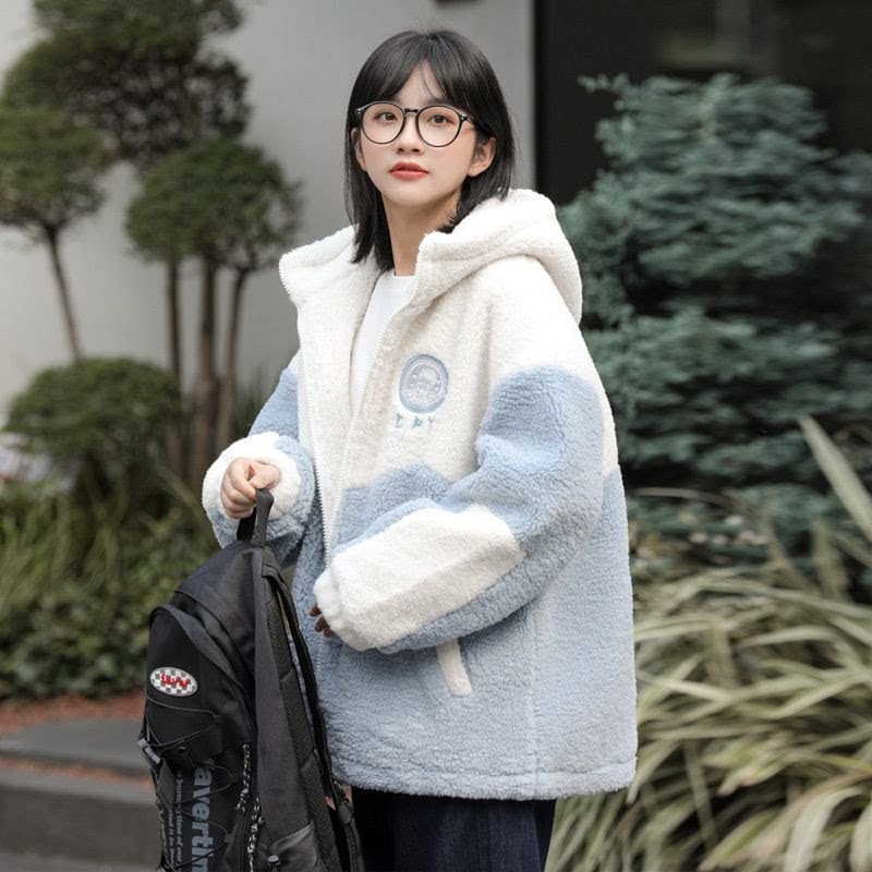连帽羊羔毛外套女秋冬季加棉加厚棉衣2026新款洋气高中生学生棉服