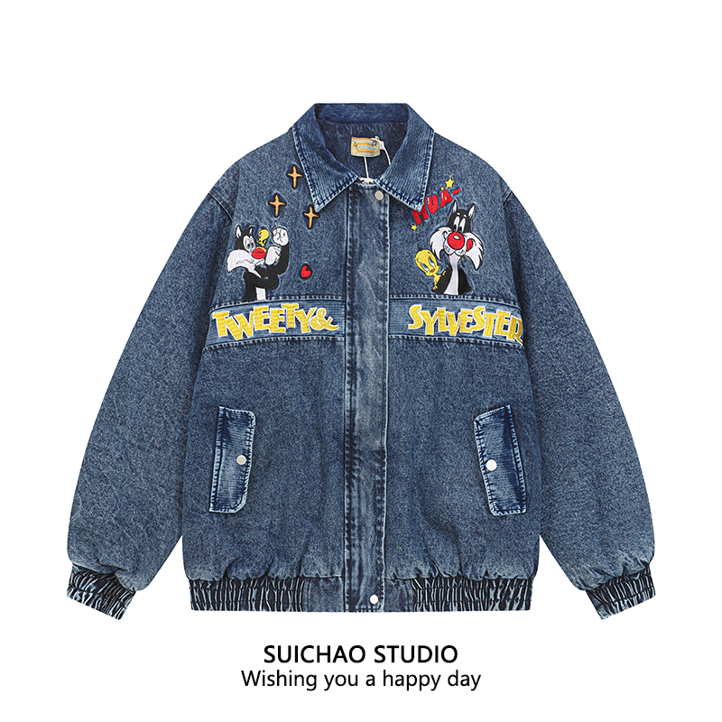 SUICHAO 美式复古风卡通重磅刺绣牛仔翻领夹克棉服冬季保暖棒球服