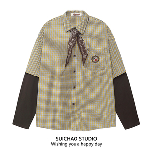 SUICHAO 美式复古巴领带格子长袖衬衫校园风宽松休闲慵懒古着衬衣