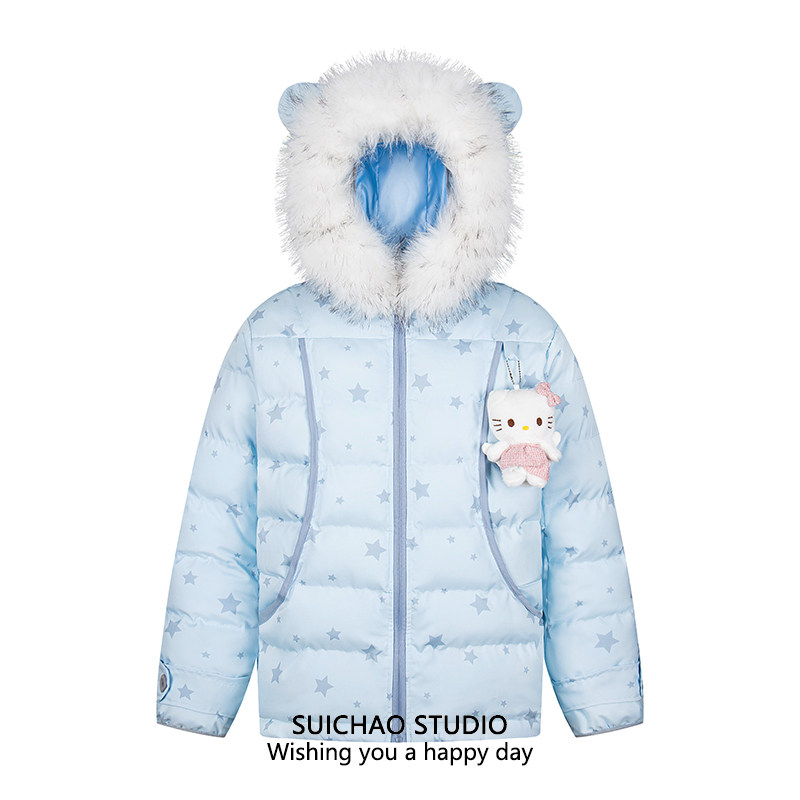 五角星撞色毛绒翅膀连帽面包服