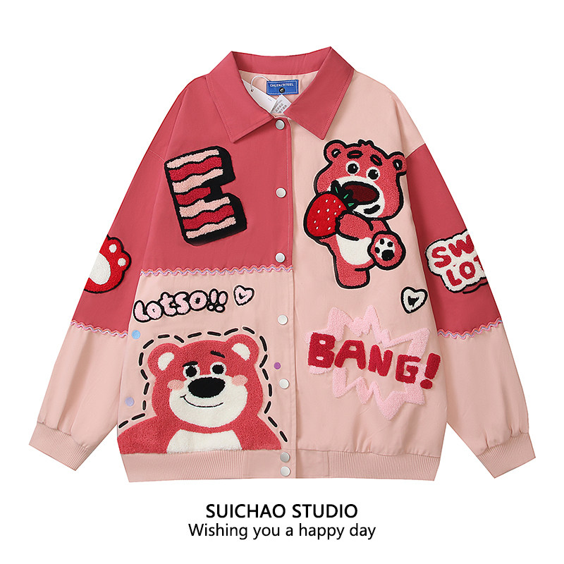 SUICHAO 美式复古风卡通草莓熊拼接夹克棒球服春季薄款宽松外套潮,男装,夹克,淘宝优惠券,粉丝福利购,淘宝优惠卷