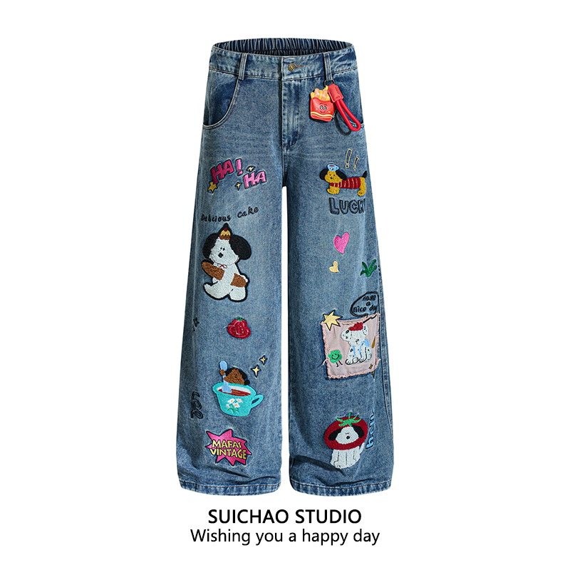 美式复古卡通植绒牛仔裤