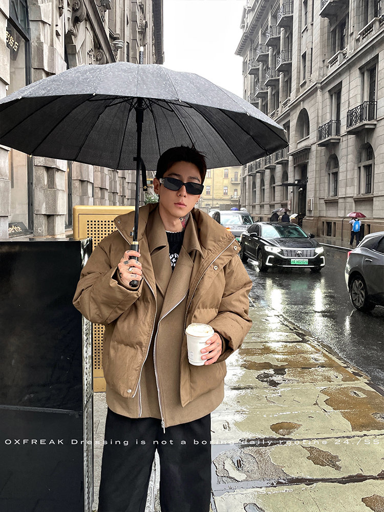 OXFREAK 「高级感 假两件」立领加厚棉服男外套宽松保暖面包服冬