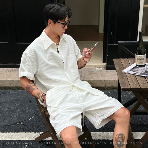OXFREAK「冰丝褶皱 口袋设计」老钱风肌理纯色短袖衬衫男宽松衬衫