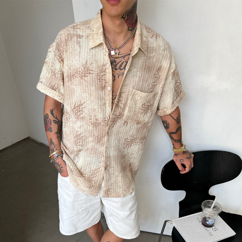 OXFREAK「扎染碎花 肌理感」老钱风褶皱短袖衬衫男度假风衬衣夏季 - 实物图
