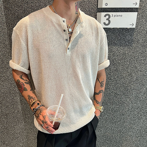 OXFREAK「亚麻天丝 老钱风」轻奢亨利领短袖t恤男夏季薄款半截袖