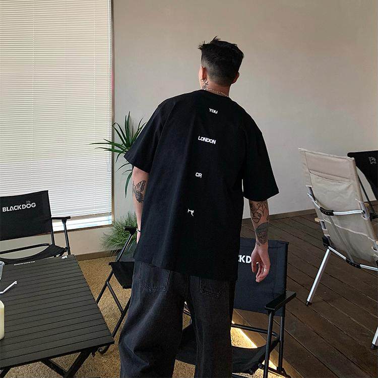OX-FREAK美式刺绣短袖T恤 男宽松纯棉柠檬绿新款