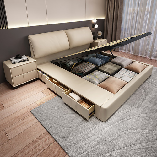 大象耳朵真皮床轻奢主卧室双人大床气压储物多功能实木软包婚床