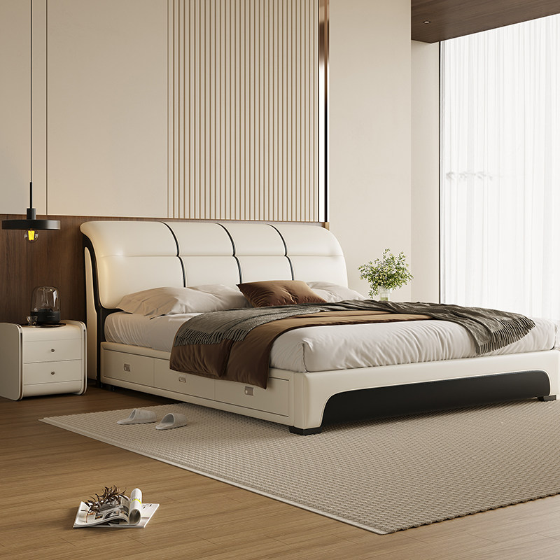 真皮床现代简约1.8米主卧室储物高端大气轻奢婚床实木双人布艺床