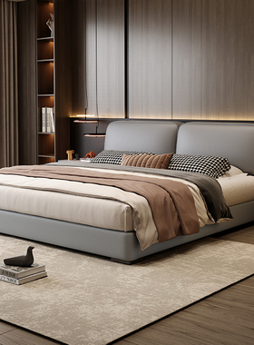 豆腐块真皮床现代简约主卧高端黑色软包2025新款意式极简悬浮婚床