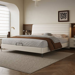 真皮主卧大床现代简约北欧意式1.8M极简齐边双人主卧婚床高端大气