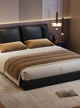 新款真皮床现代简约1米8双人主卧室高端大气实木软包储物黑色大床