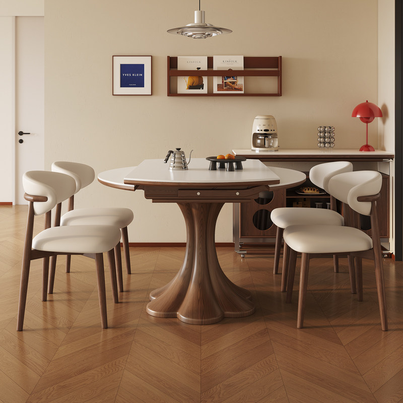 政府补贴中古风岩板餐桌圆形可伸缩胡桃色法式小户型餐桌椅组合