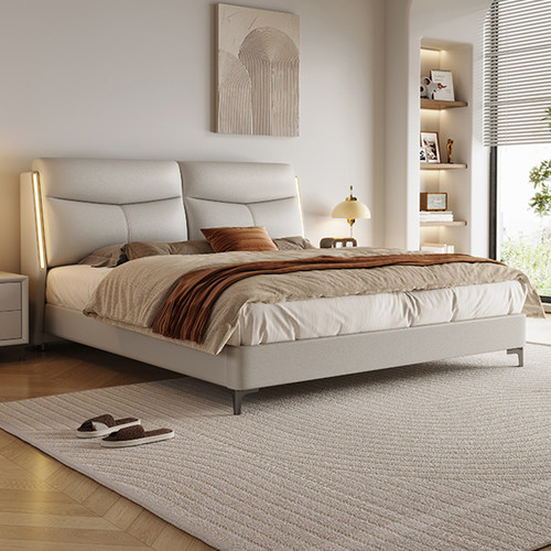 政府补贴真皮床带灯现代简约主卧婚床双人高端大气卧室软包极简床