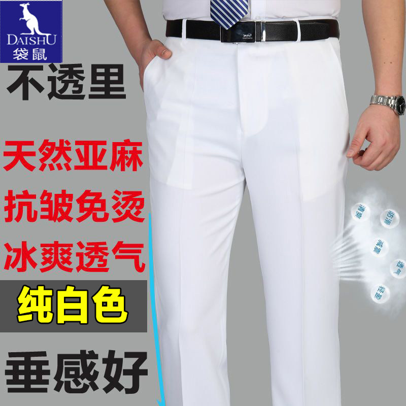 袋鼠白色亚麻西裤男士夏季薄款棉麻商务西装裤中老年免烫宽松长裤