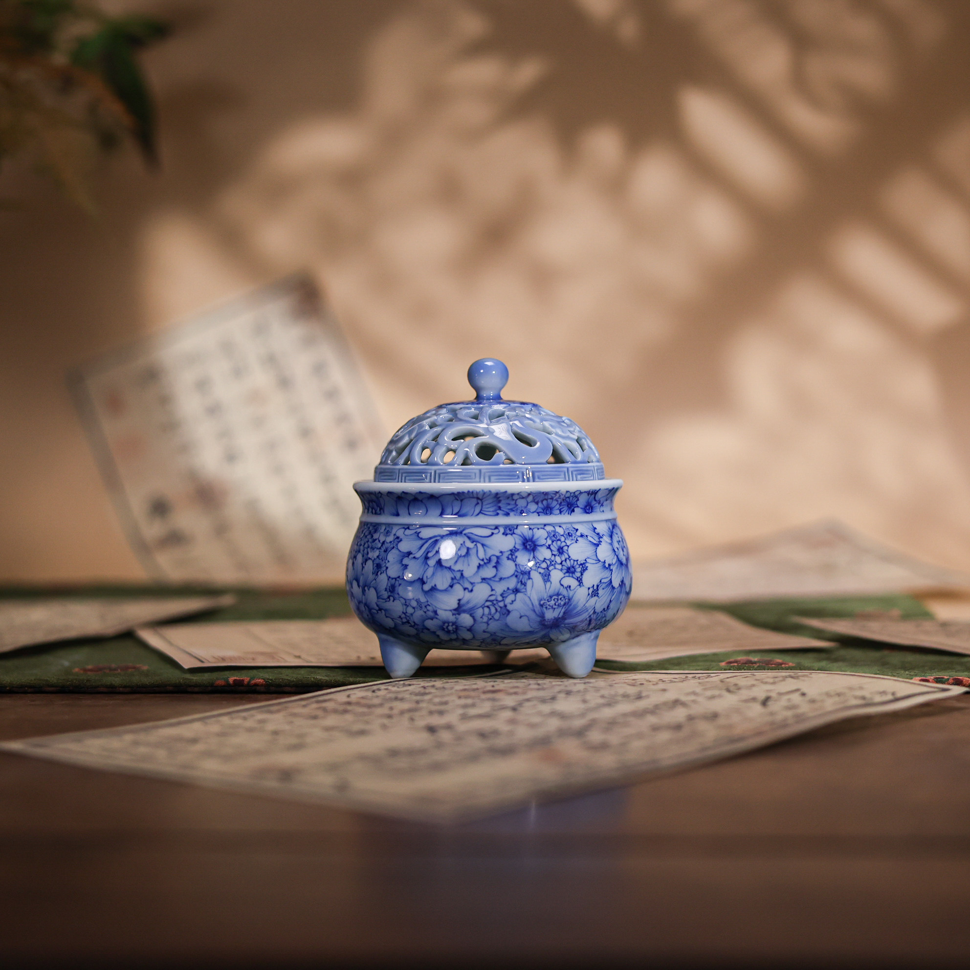 婵韵 青樵轩玫瑰牡丹三足万花香炉焚香炉香薰炉茶桌茶道香器摆件
