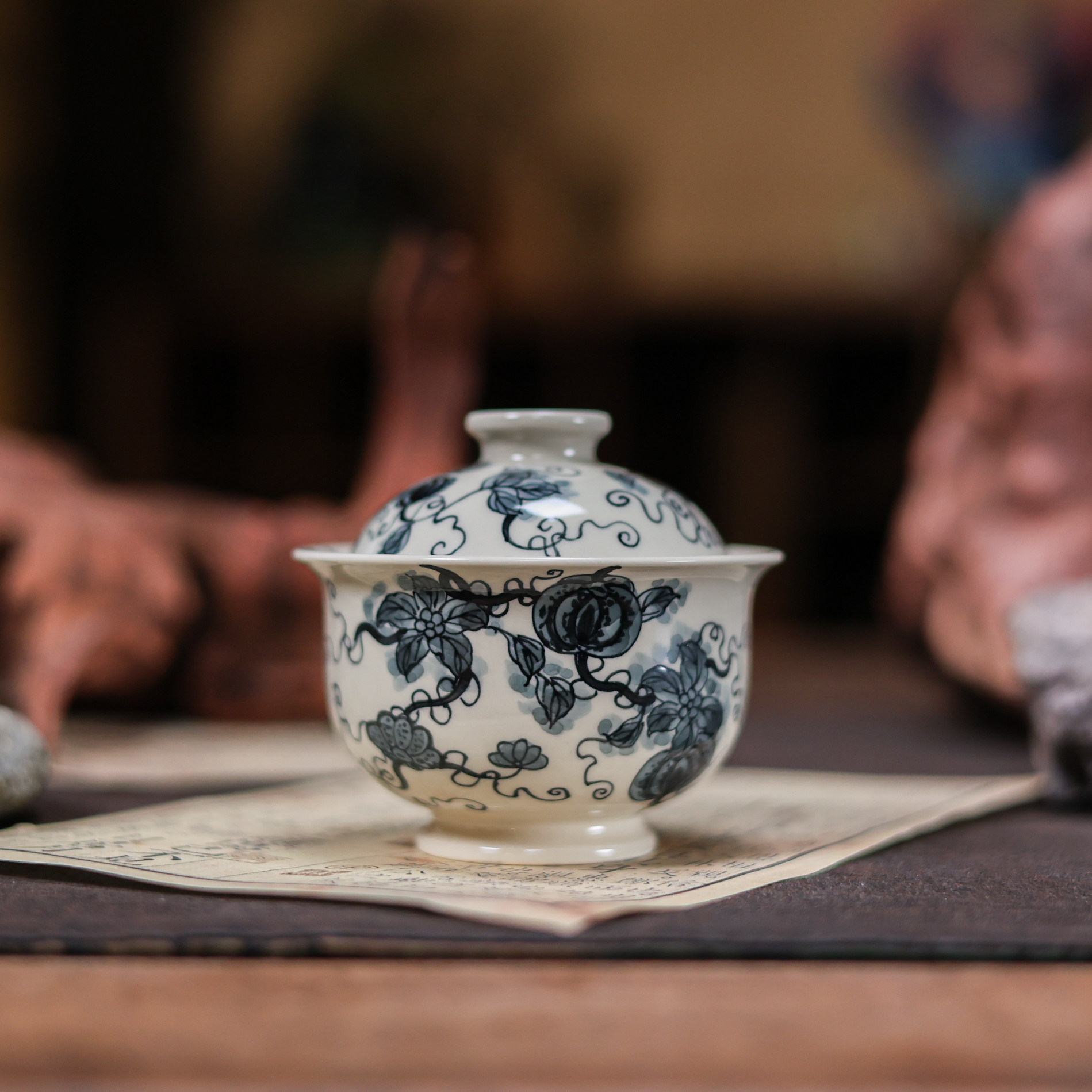墨冉茶具青花缠枝莲西瓜盖碗茶杯