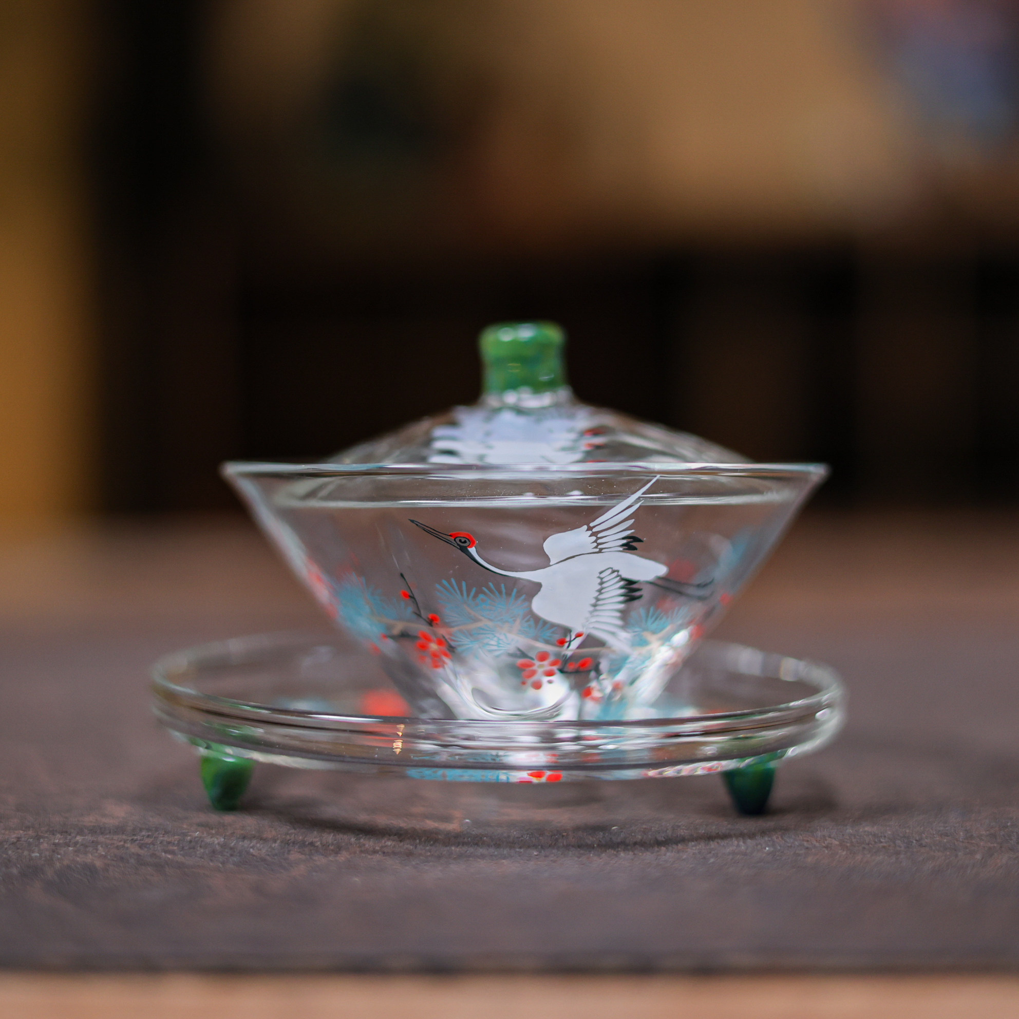 物肆玻璃茶具松梅仙鹤三才盖碗
