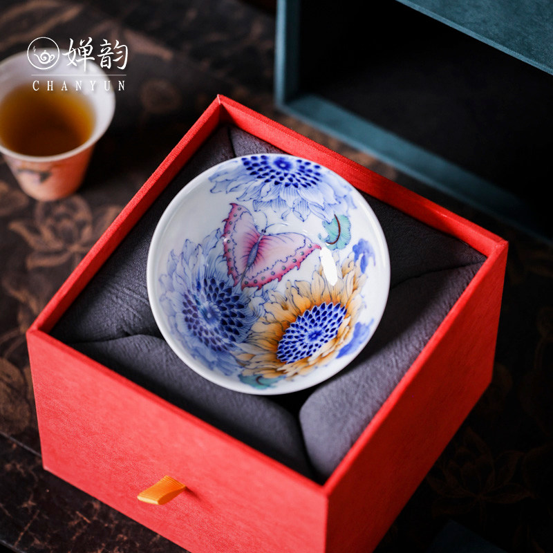 婵韵卓君向阳花开蝴蝶普洱杯茶杯主人杯品茗杯景德镇高档斗彩茶具