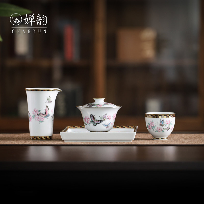 华隐堂桃花蝴蝶盖碗茶杯公道杯