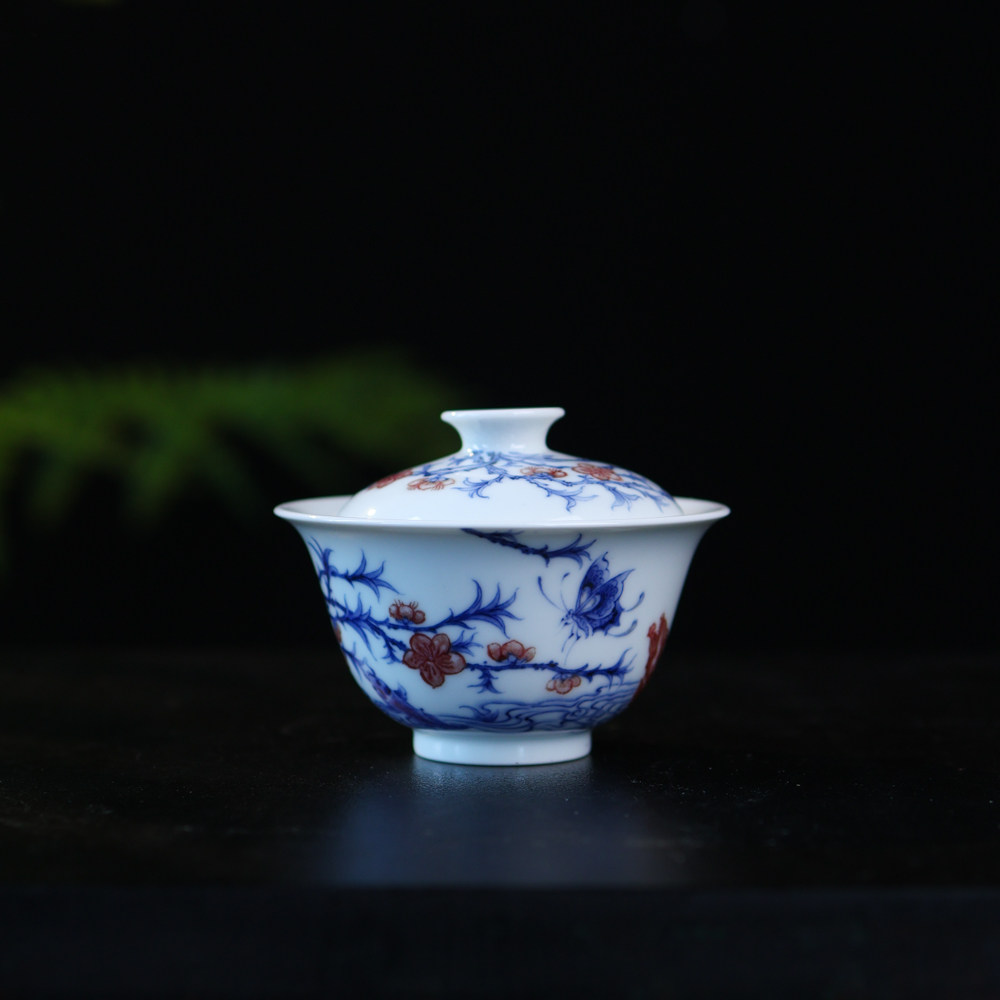 勤义堂青花釉里红桃花流水盖碗
