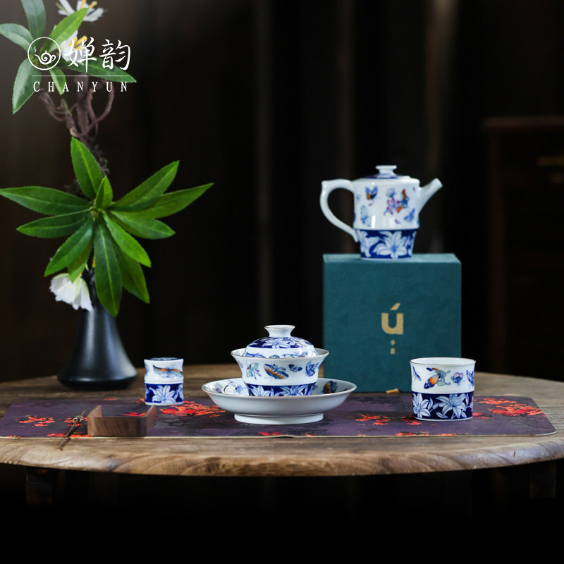 婵韵卓君百合蝴蝶蛱蝶盖碗茶杯