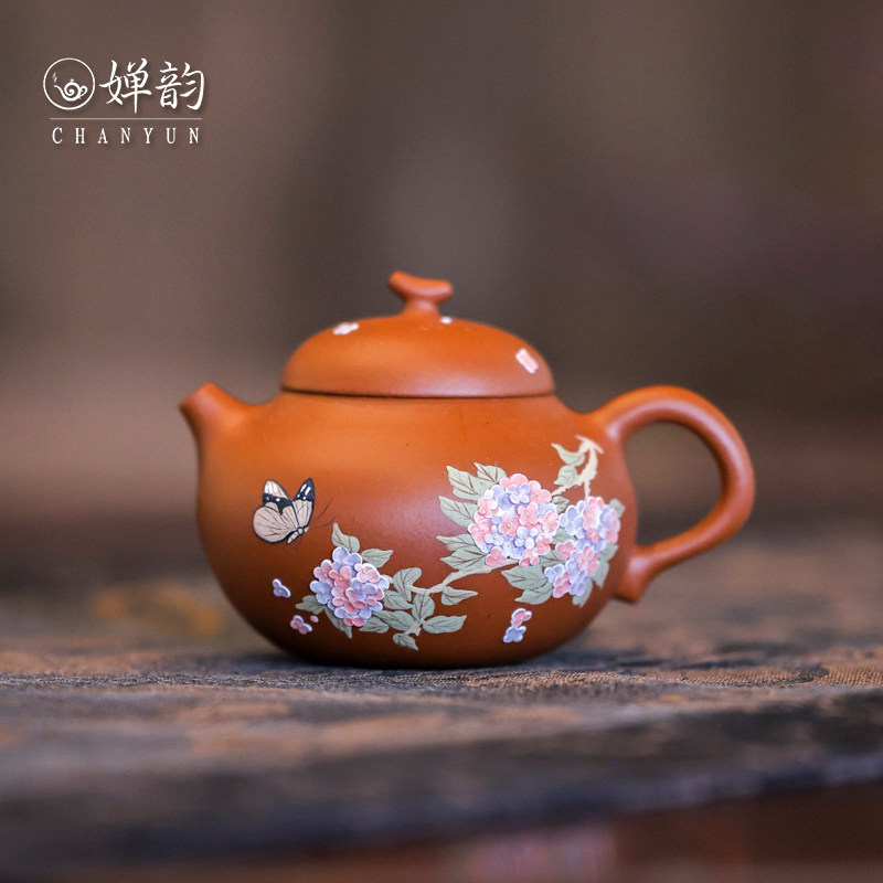 婵韵窑云紫砂朱泥绣球花蝴蝶茄瓜壶茶壶茶杯镜花水月普洱杯主人杯