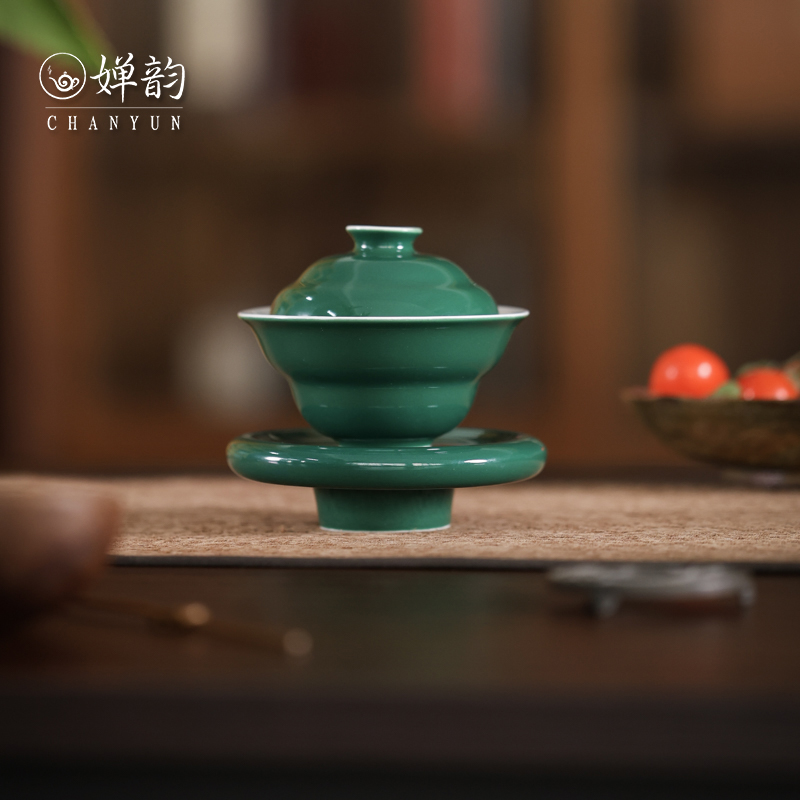 婵韵斋居墨绿三才葫芦盖碗单个