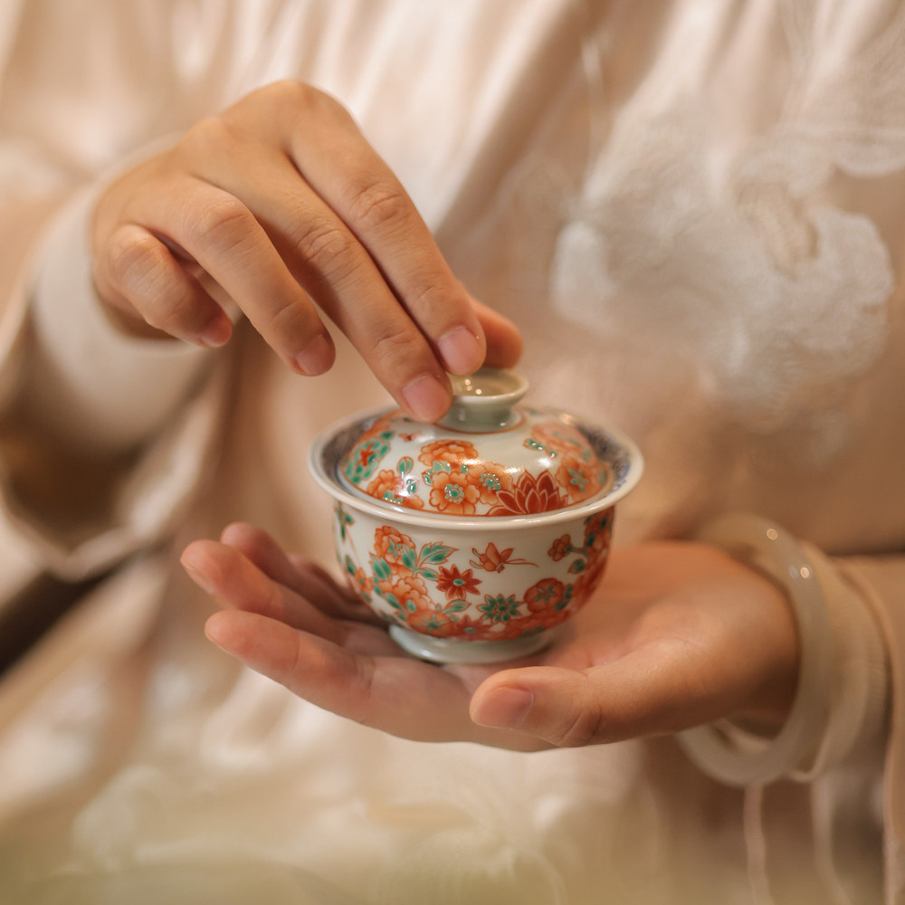婵韵翁宿青花斗彩红绿彩蝶恋花蝴蝶牡丹盖碗手绘复古家用高档茶具