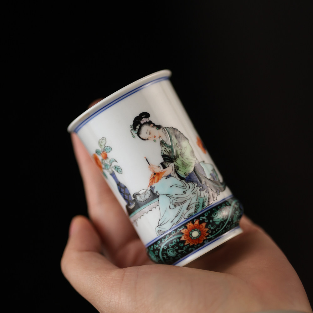 古阅和风红叶题诗杯斗彩牡丹杯