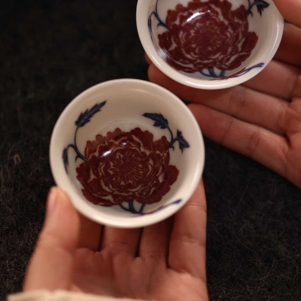勤义堂祭红青花釉里红芍药正德杯