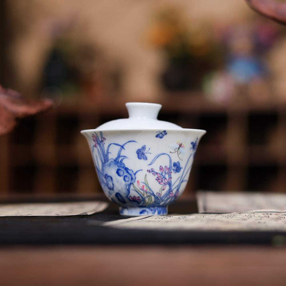 婵韵青樵轩茶具青花斗彩兰花草蝴蝶盖碗茶杯闻香杯手绘景德镇茶具
