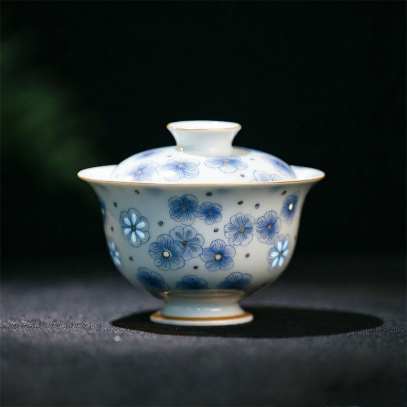 玲珑集茶具蓝底小碎花樱花盖碗