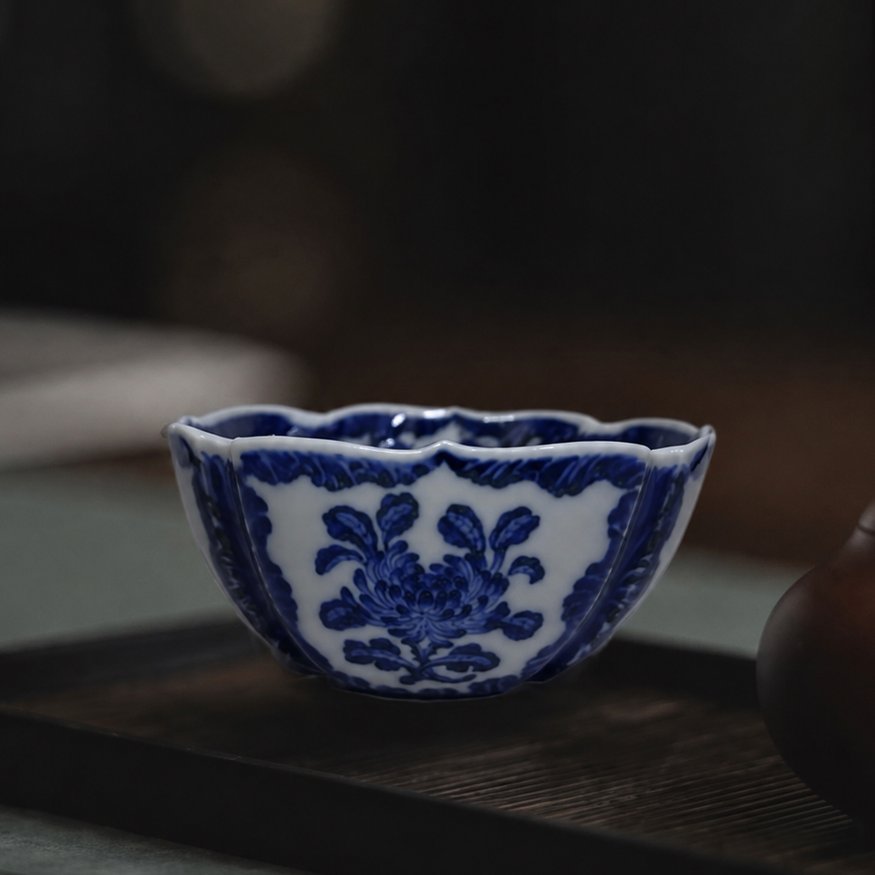 慢叩柴窑青花四季花卉瑞果四方杯