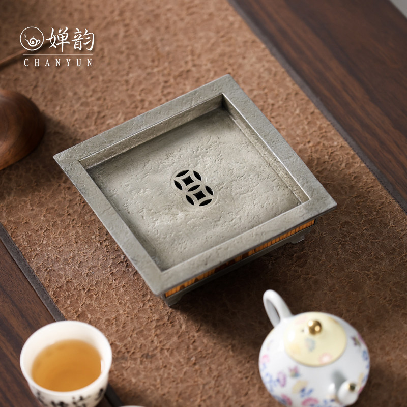 古篱古锡梅妃竹正方形铜钱壶承