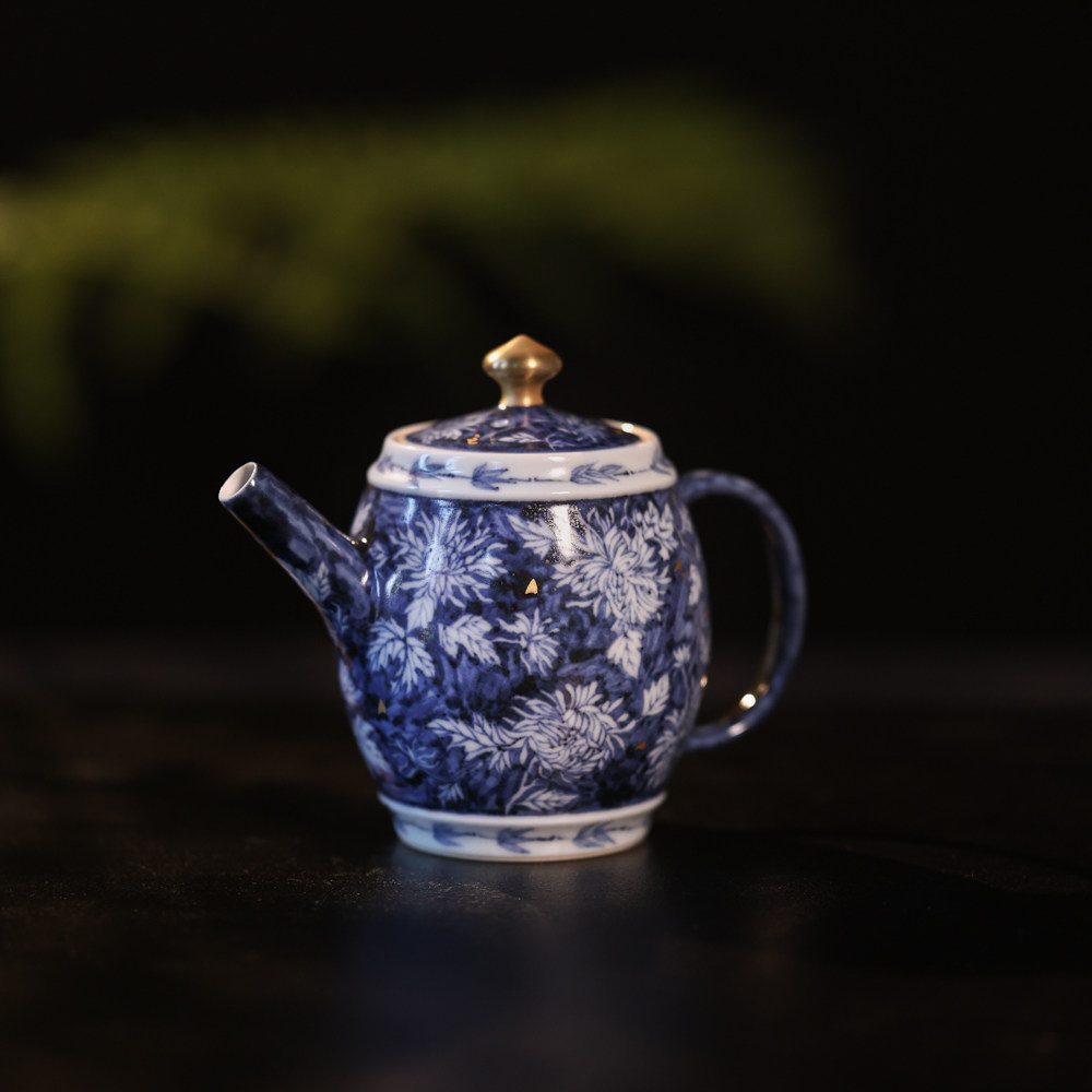 婵韵 南山雪堂茶具元青花菊花小鼓壶手绘复古家用茶具泡茶壶