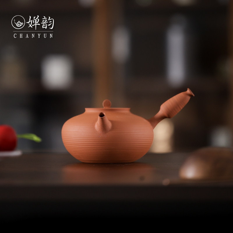潮州陶泥茶壶手拉纹扁柿侧把壶