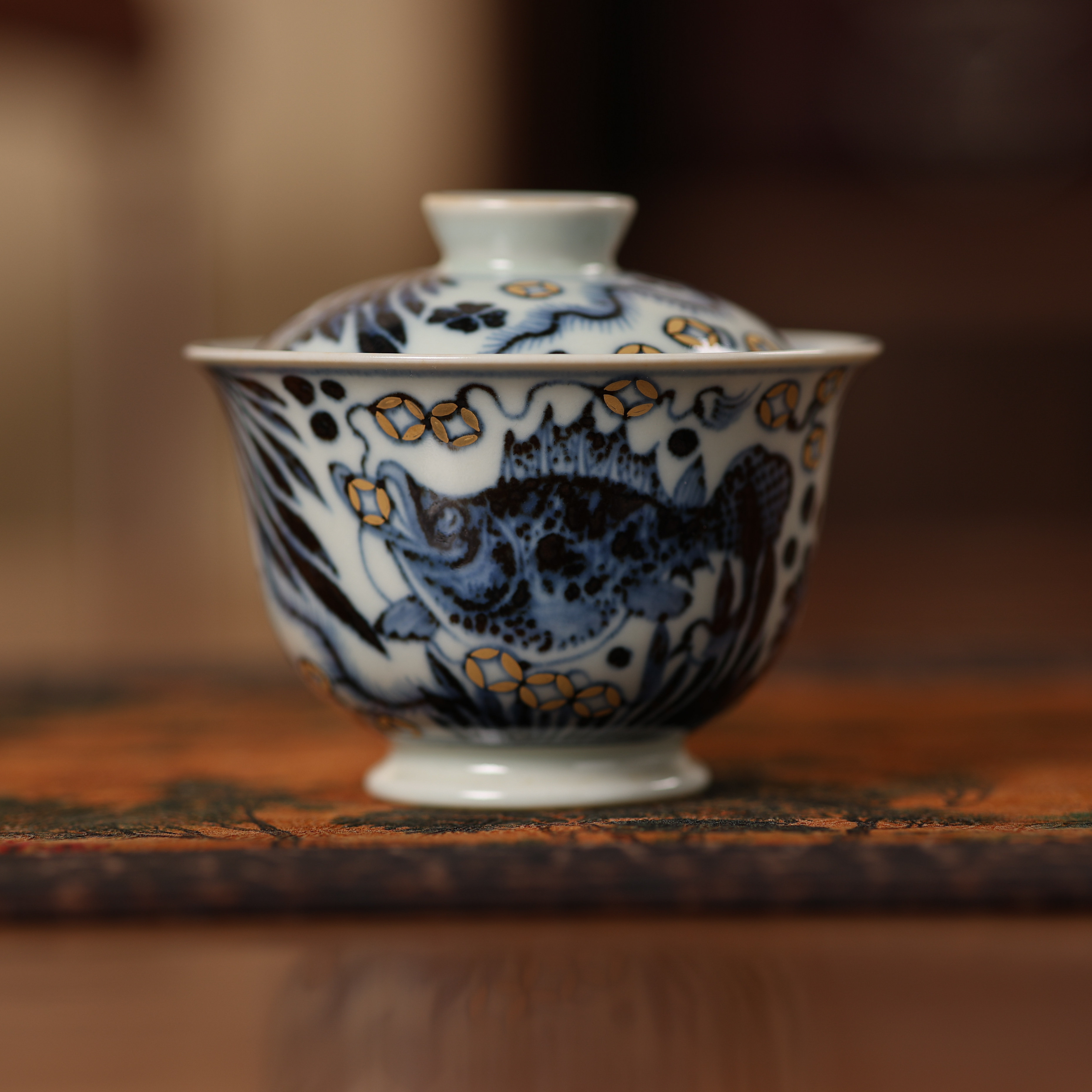 婵韵翁宿茶具青花金钱鳜鱼盖碗