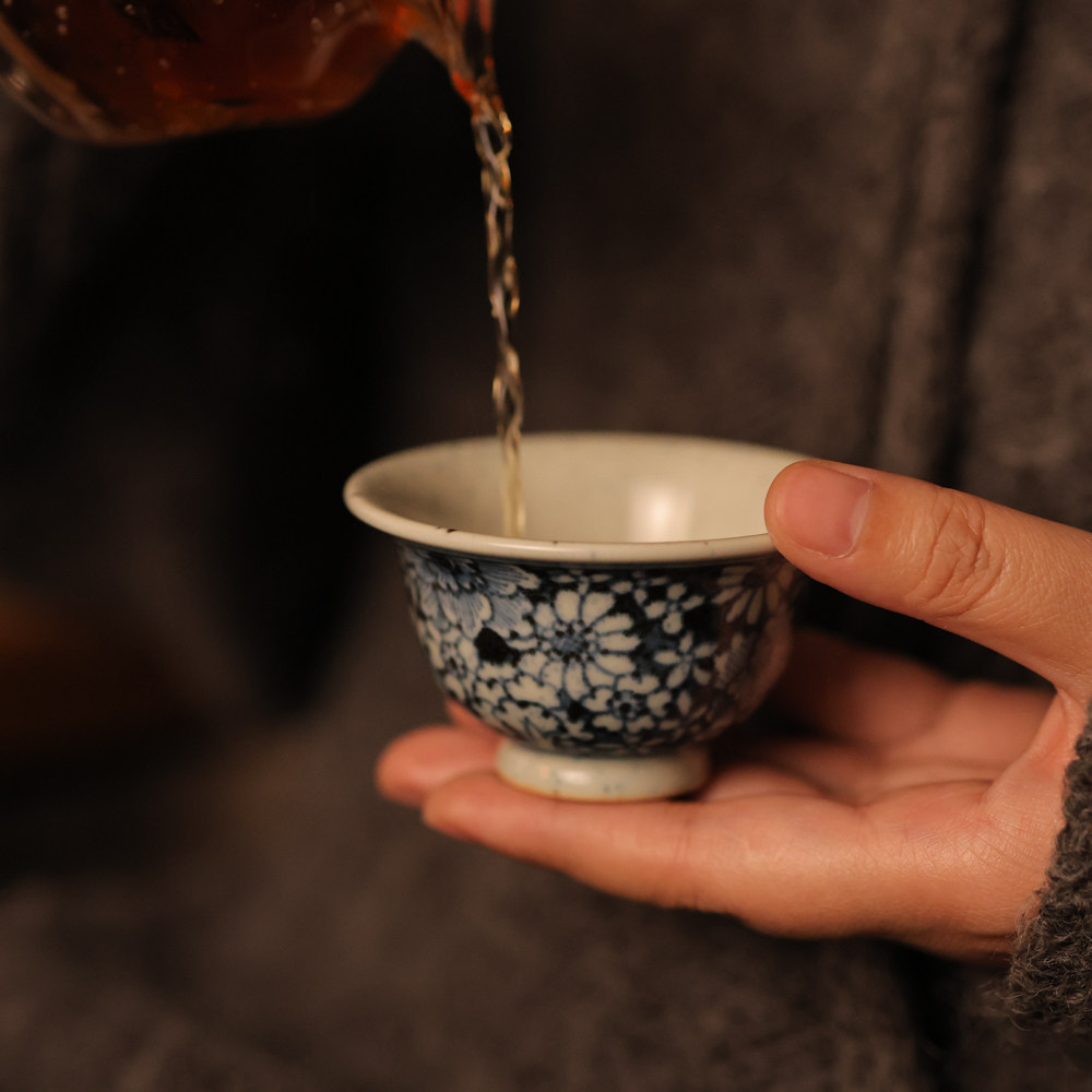 婵韵翁宿茶具茶杯青花洒蓝万花杯