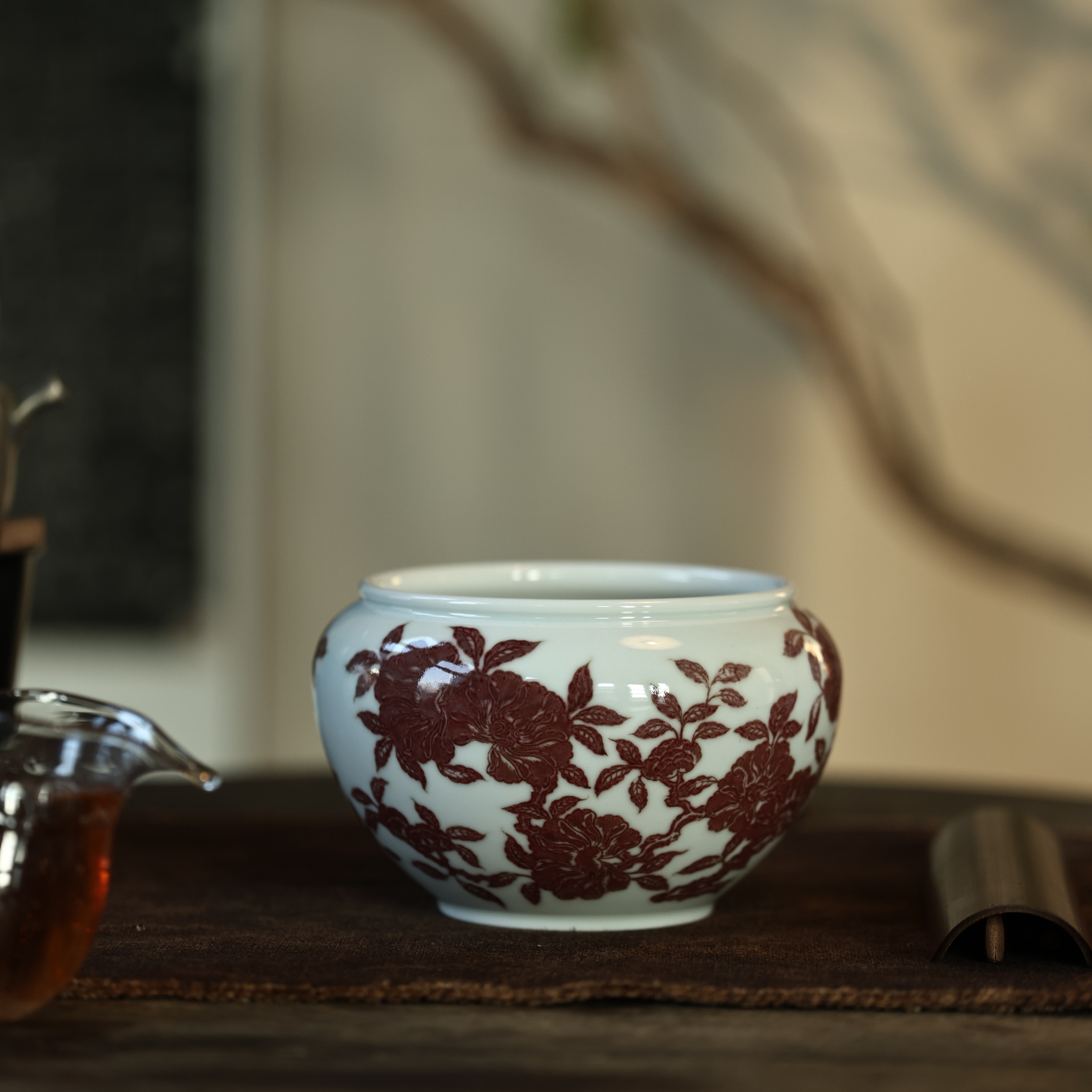 勤义堂釉里红山茶花水洗茶洗建水